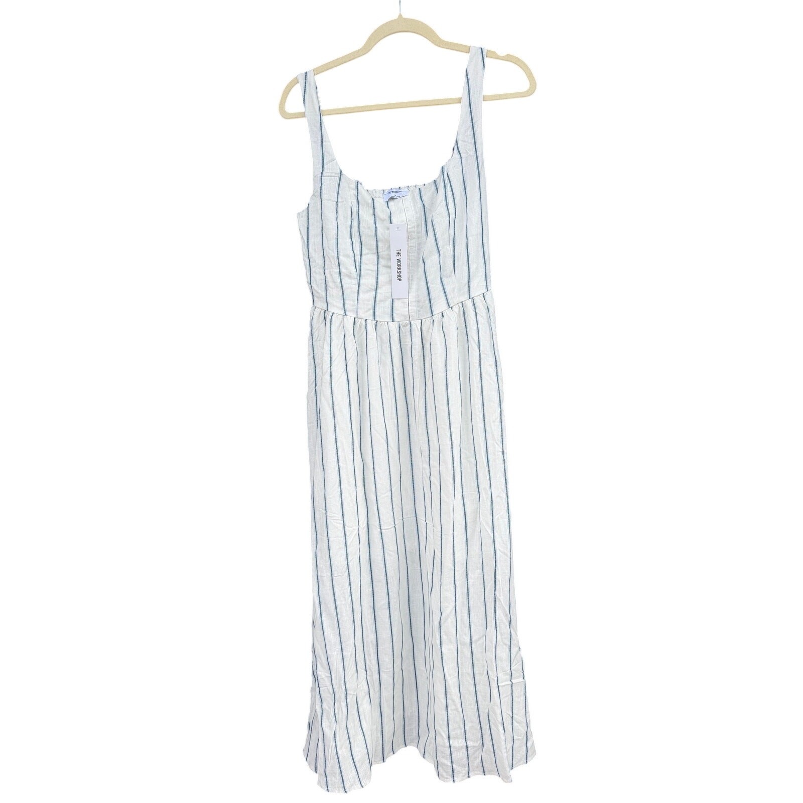 The Workshop Ella Stripe Midi Dress Front Hook Linen Blend Medium M NWT
