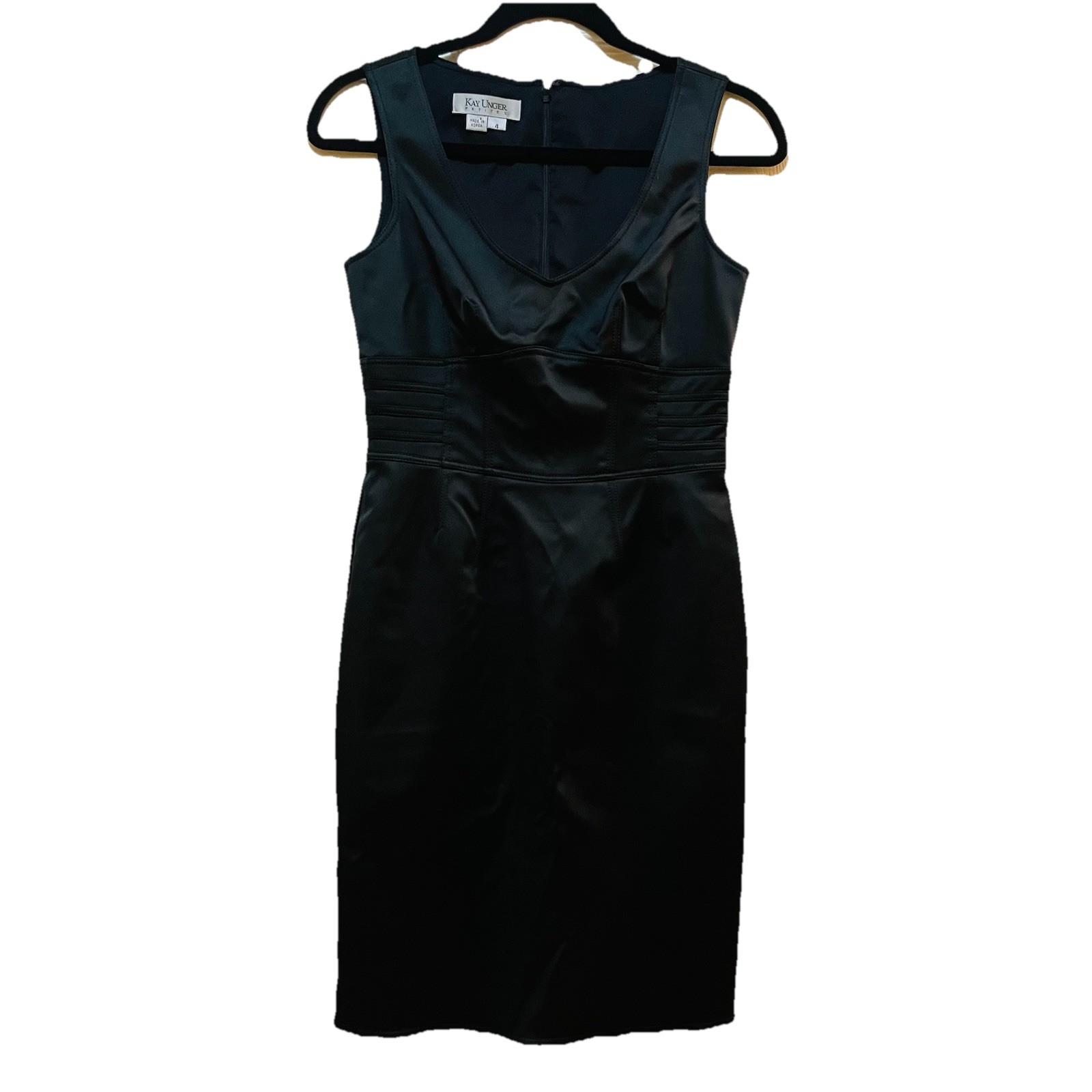 KAY UNGER Black Satin Knee Length LBD Bodycon Shift Dress Sz 4P