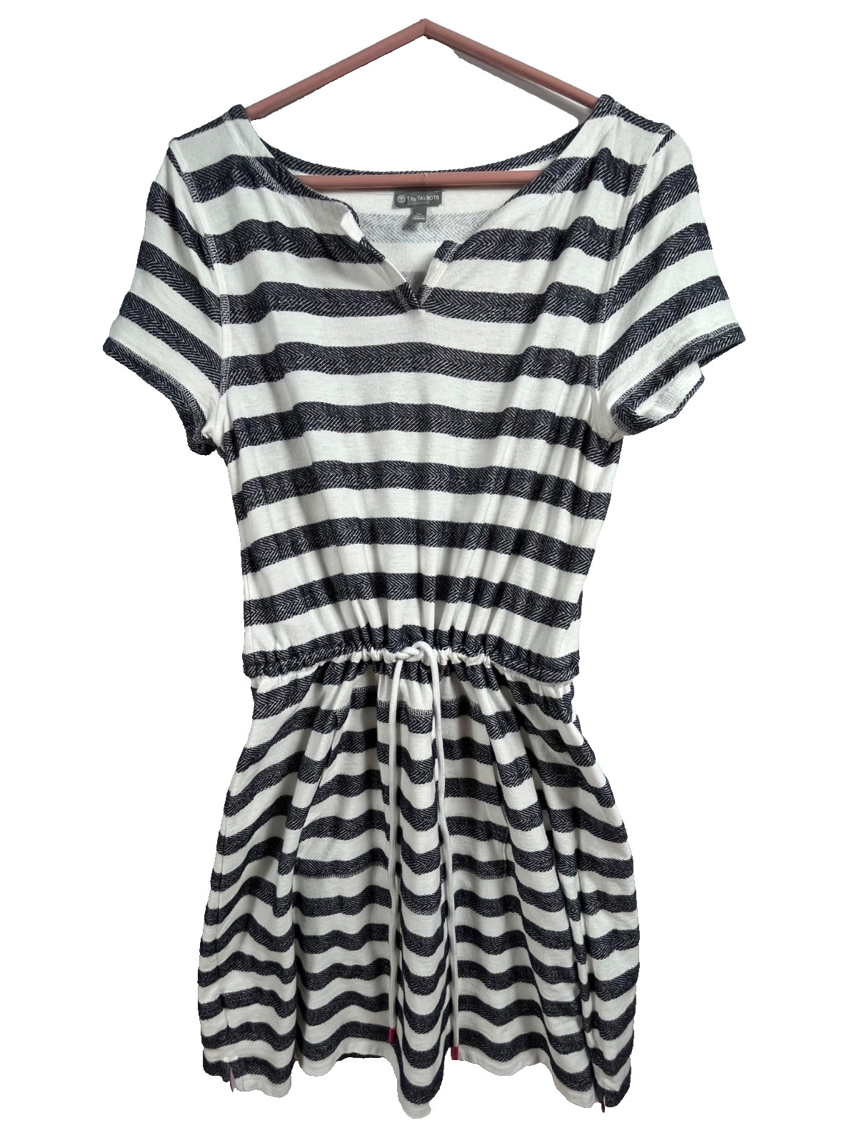 T by Talbots Dress LP Navy White Stripe Drawstring Waist Pockets Cotton Knit