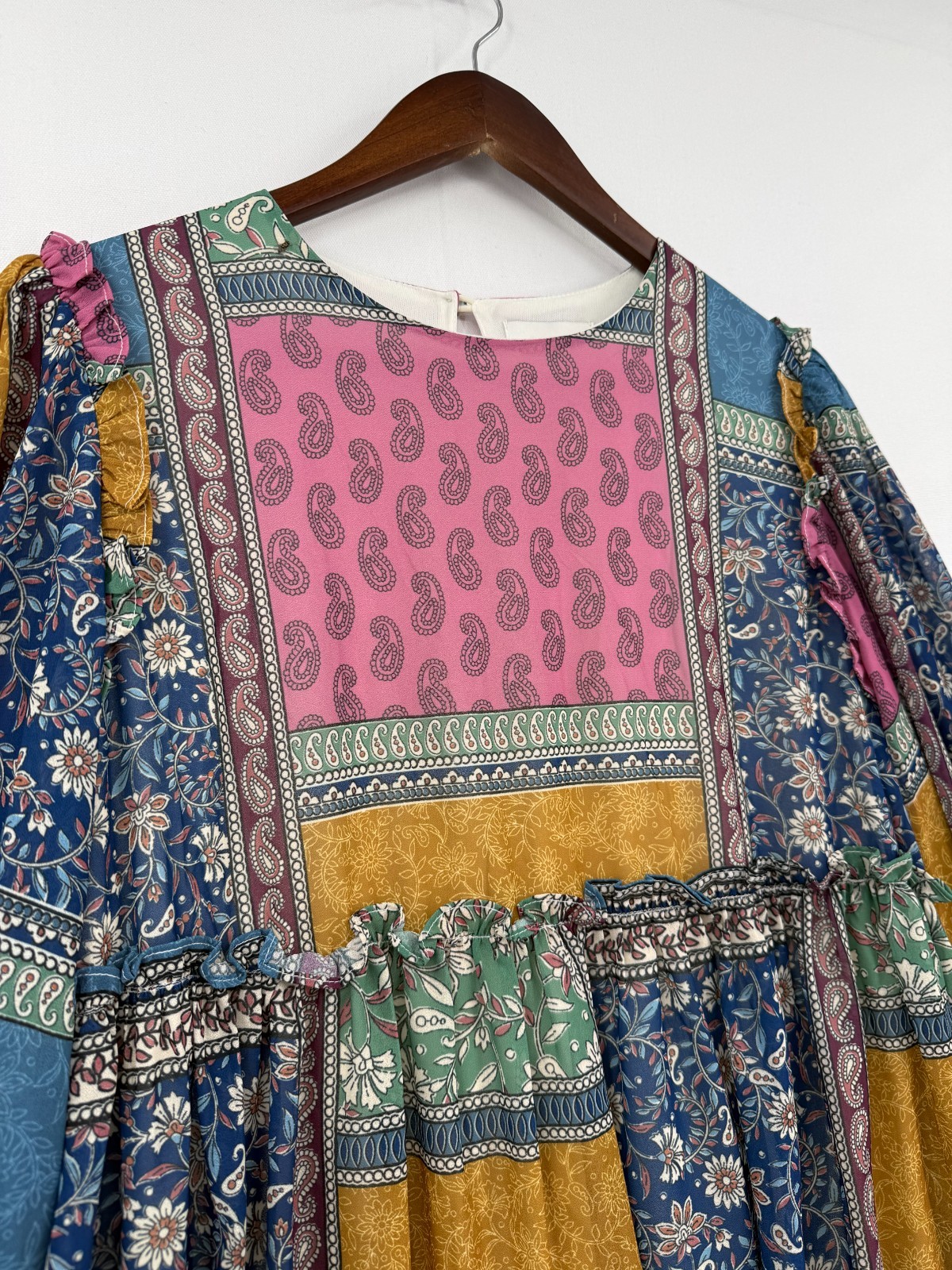 Aura Patchwork Boho Babydoll Tunic Dress Women’s M Floral Paisley Long Sleeve