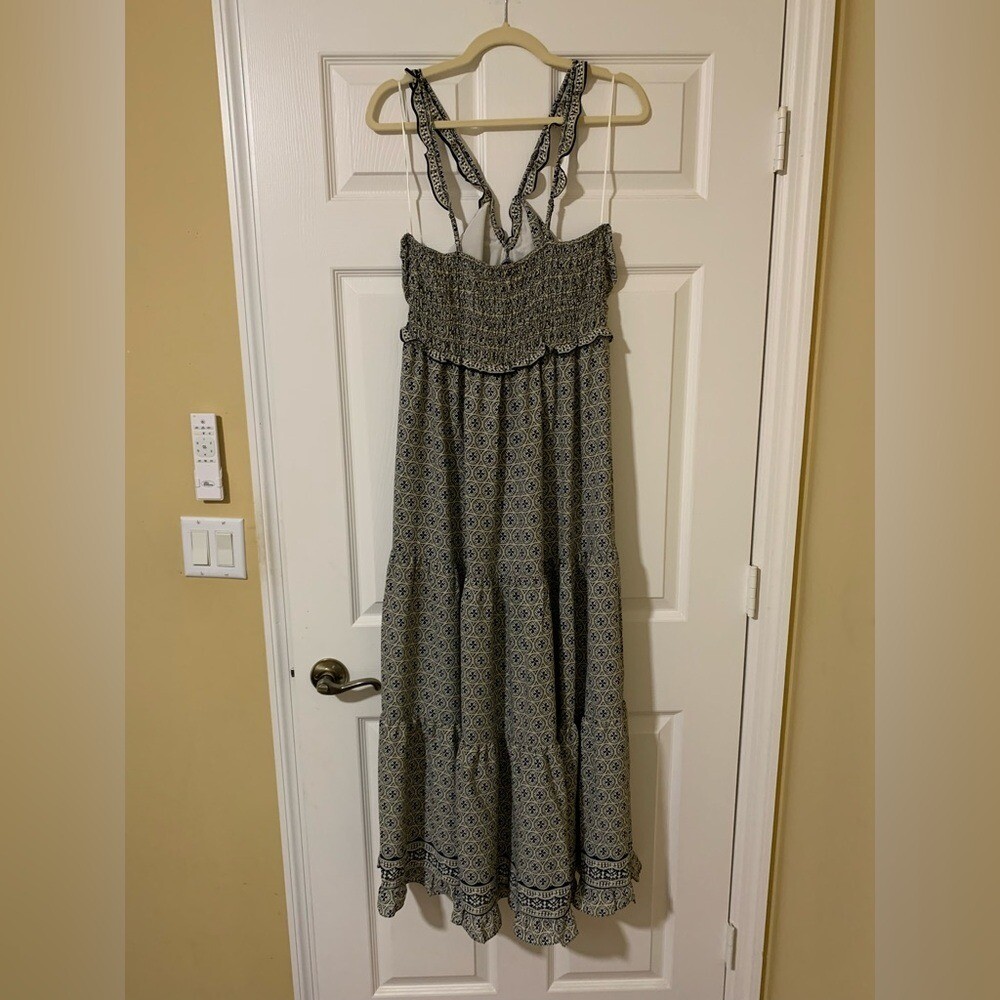 Max Studio Boho Tiered Halter Maxi Dress, XL Geometric Print Ruffle Straps