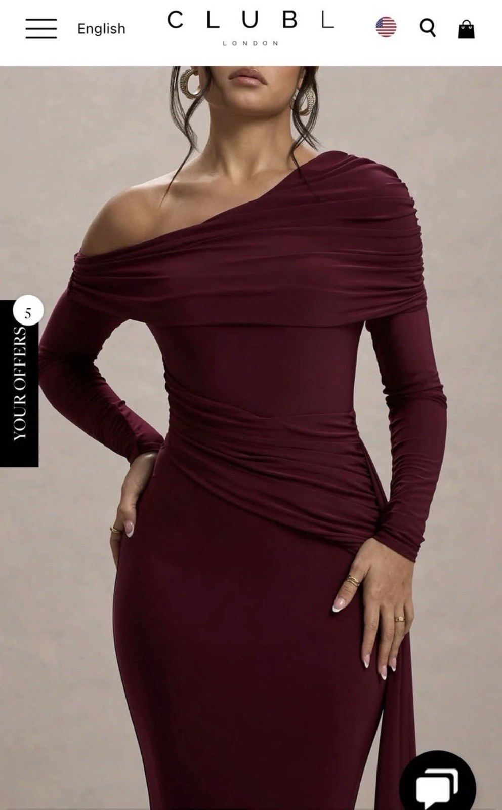 Club L London Burgundy One Shoulder Ruched Drape Maxi Dress US 12