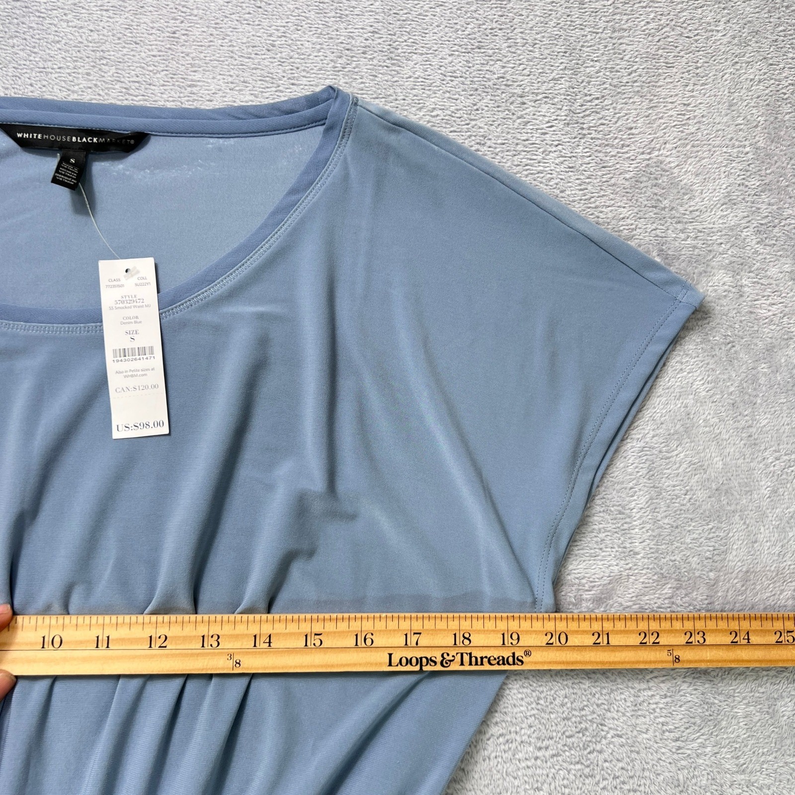 White House Black Market Light Blue Smocked Waist Dress Small Cap Sleeves Midi
