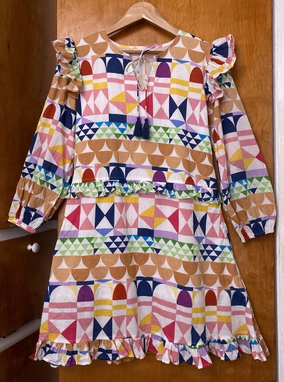Sunshine Tienda Ruffle Sleeve Tiered Mini Dress Colorful Beach Geometric Sz S