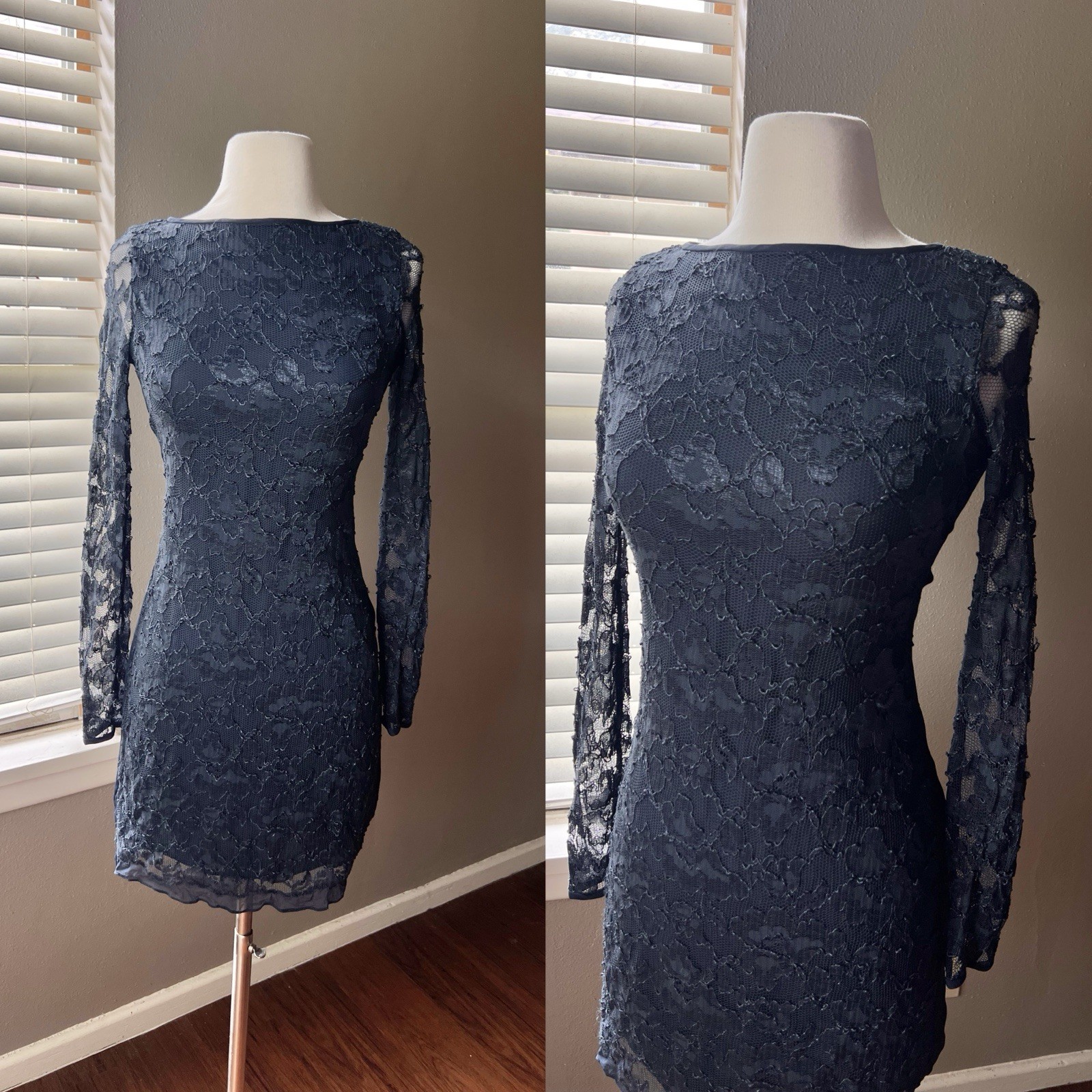 Diane von Furstenberg Dress 2 Navy Blue Long Sleeve Lace Knee Length Nylon Silk