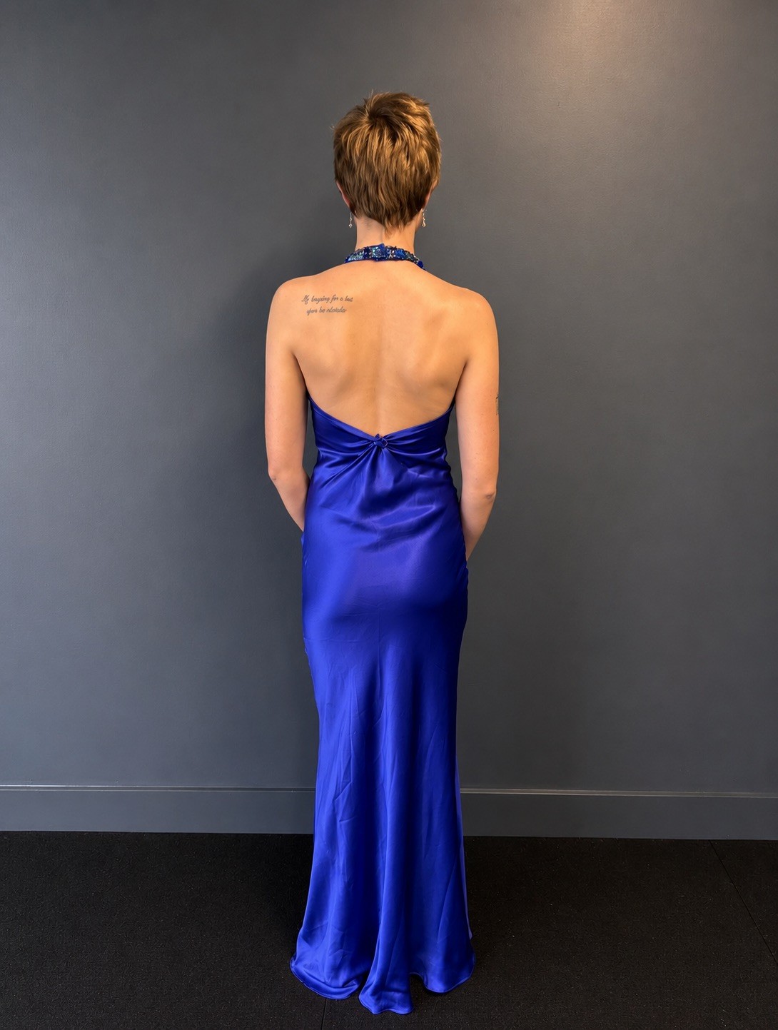 Studibaker Retro Designer Formal Long Halter Dress Blue Satin Vintage Size 10