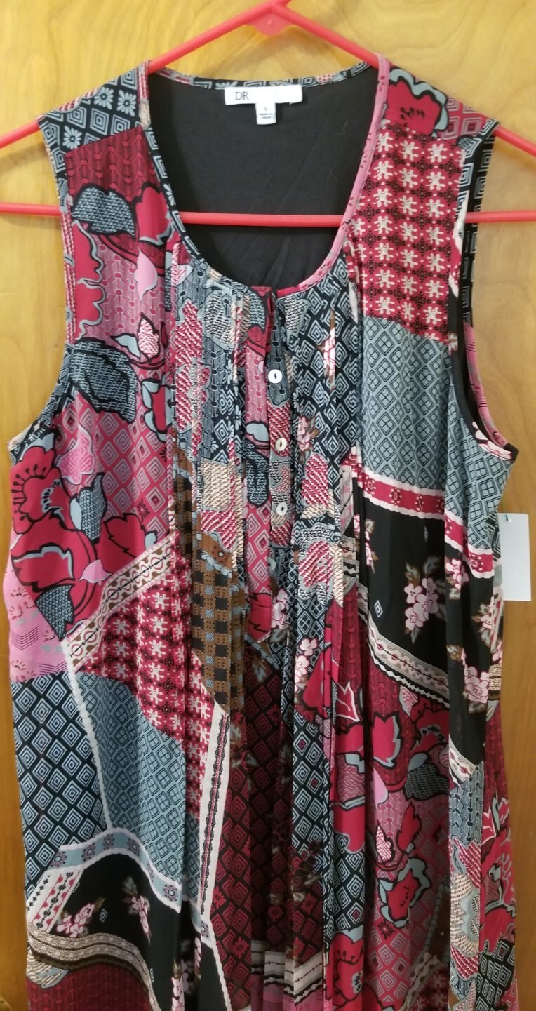 Women’s DR2 by Daniel Rainn Patchwork Print Pleated Boho Dress Shift size Small