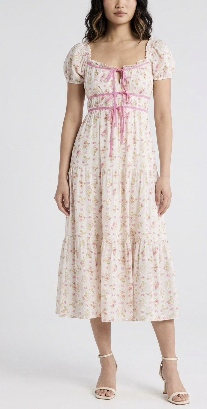 Perch by Blu Pepper Floral Maxi Dress Puff Sleeve Square Neck Tie Pockets 1X