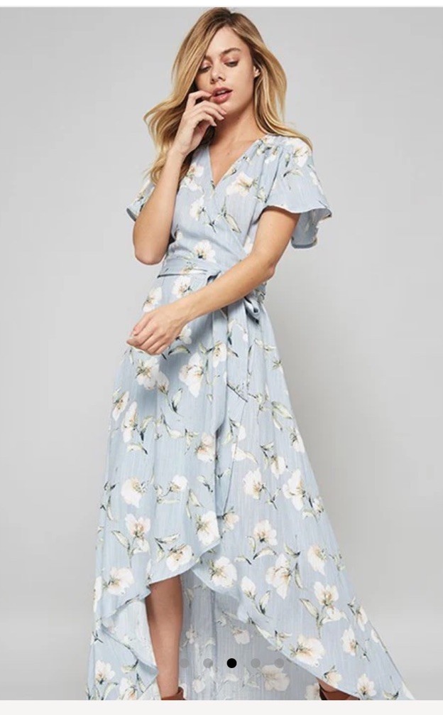 Promesa Short Sleeve Flutter Wrap Midi Light Blue Floral Dress High Low Summer
