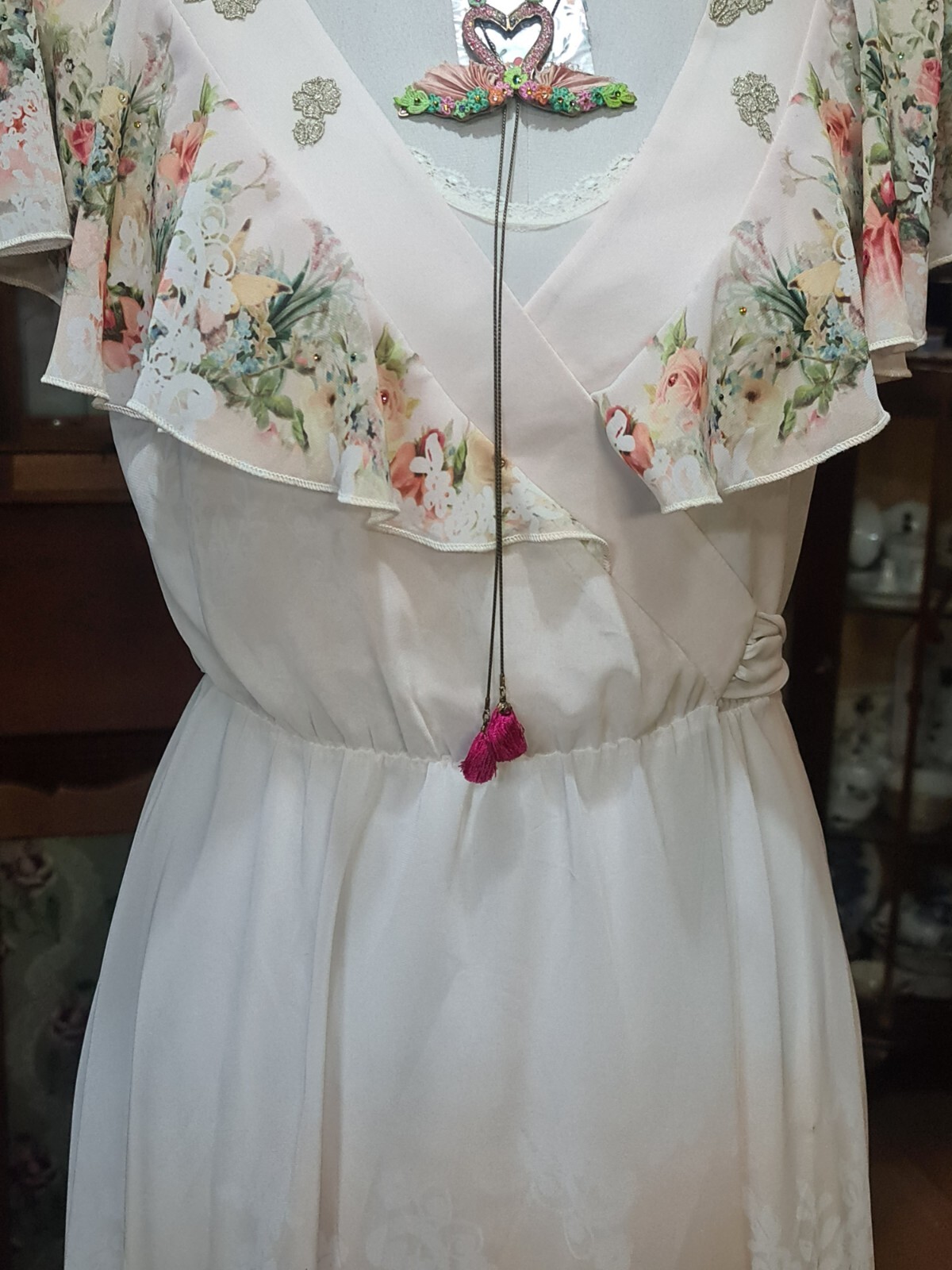 Michal Negrin Great Wrap White Dress Floral Pattern With Slip- Size “M”