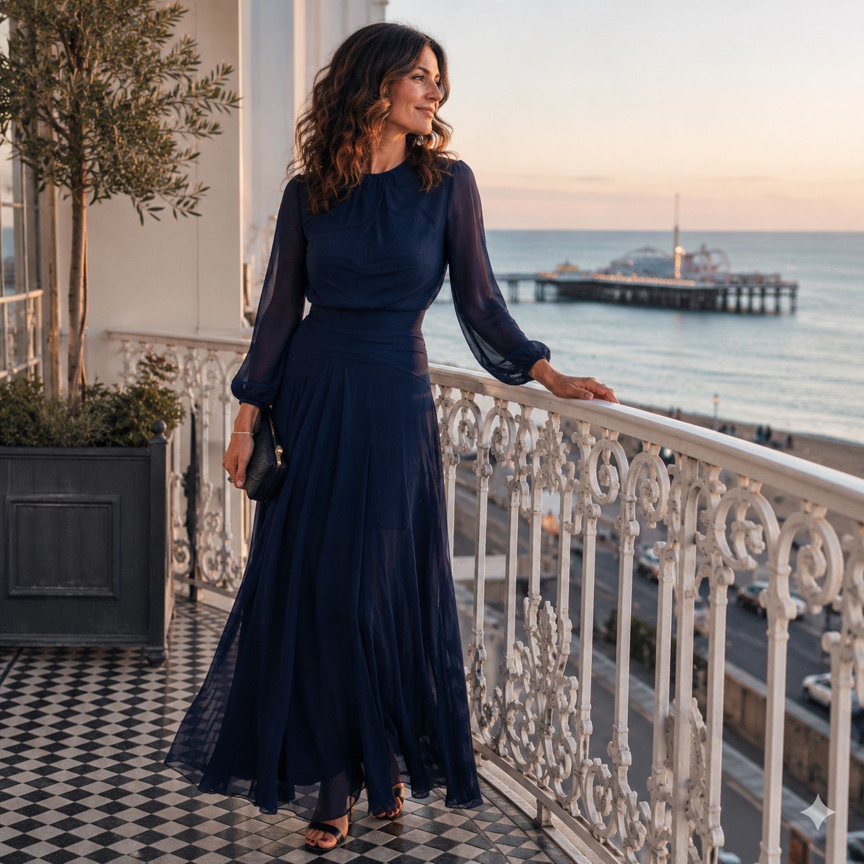 Alessandra Rich Navy Silk Chiffon Open Back Maxi Dress UK 6 8 Designer