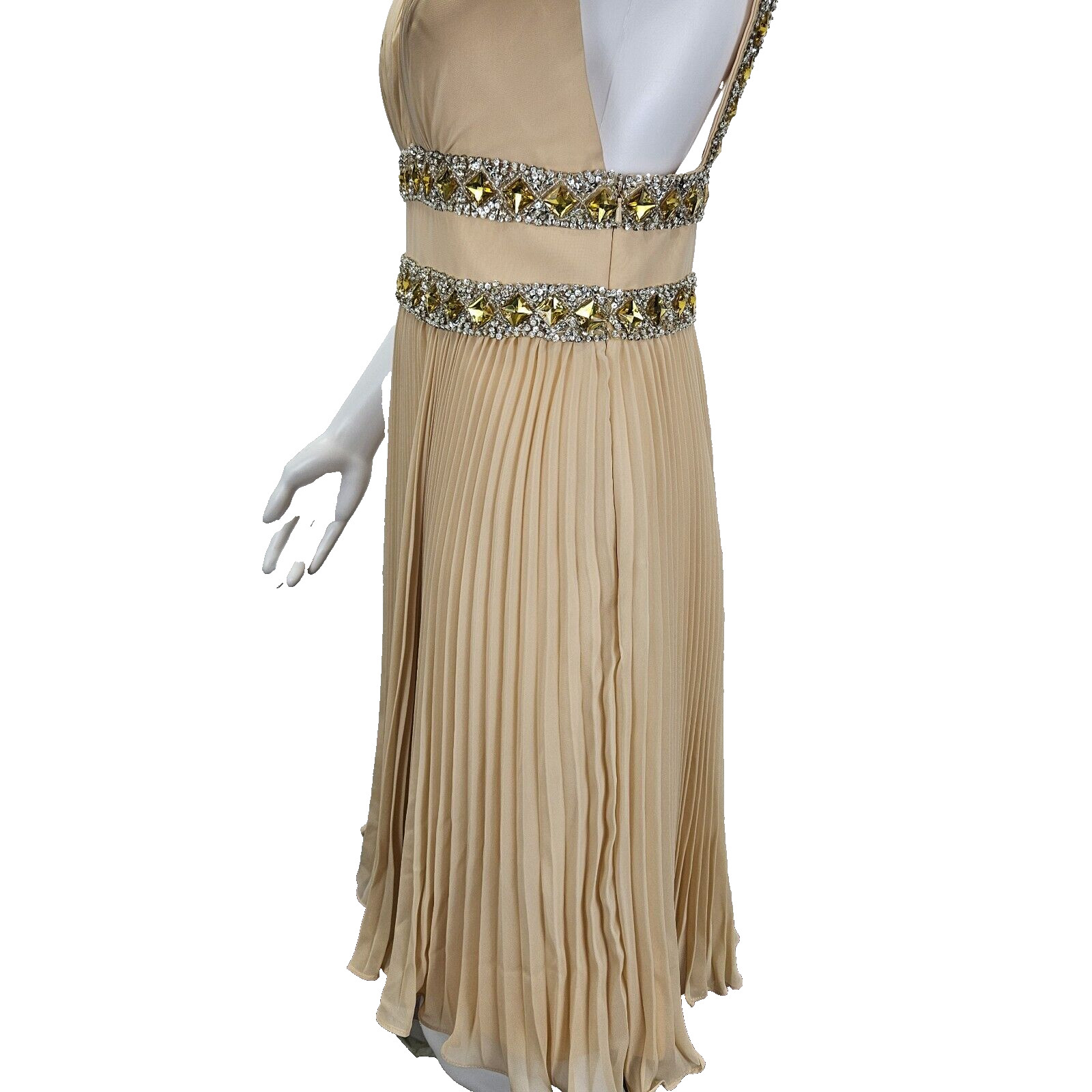 Basix Black Label Dress 6 Beige Pleated Rhinestone Cocktail Evening Prom