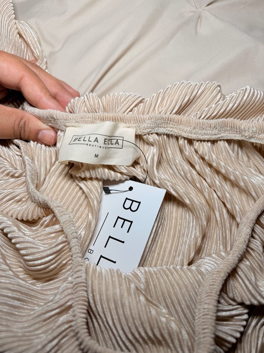 Bella Ella Boutique Slow Dancing Ribbed Off Shoulder Maxi Dress in Champagne