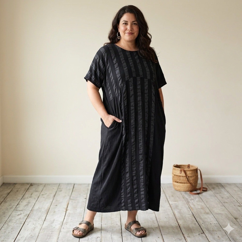 Easy Child Midi Dress Womens One Size Black Hemp Cotton Textured Lagenlook