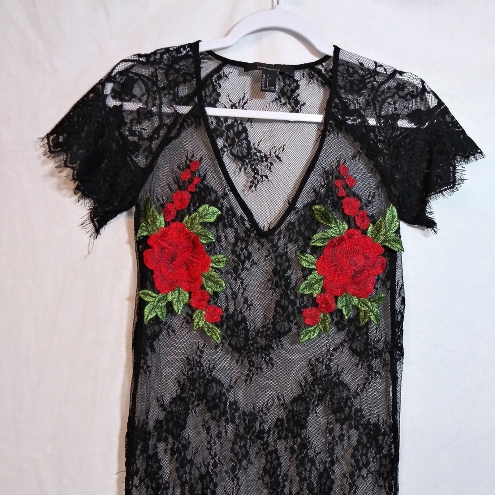 FOREVER 21 Sheer Mesh Midi Dress Whimsigoth Black Lace Pink Floral Applique Sz S