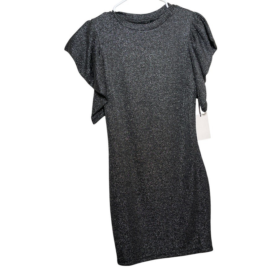 Iris Dress Women’s Medium Metallic Shift Short Sleeve Ruffle Crew Neck Solid NWT