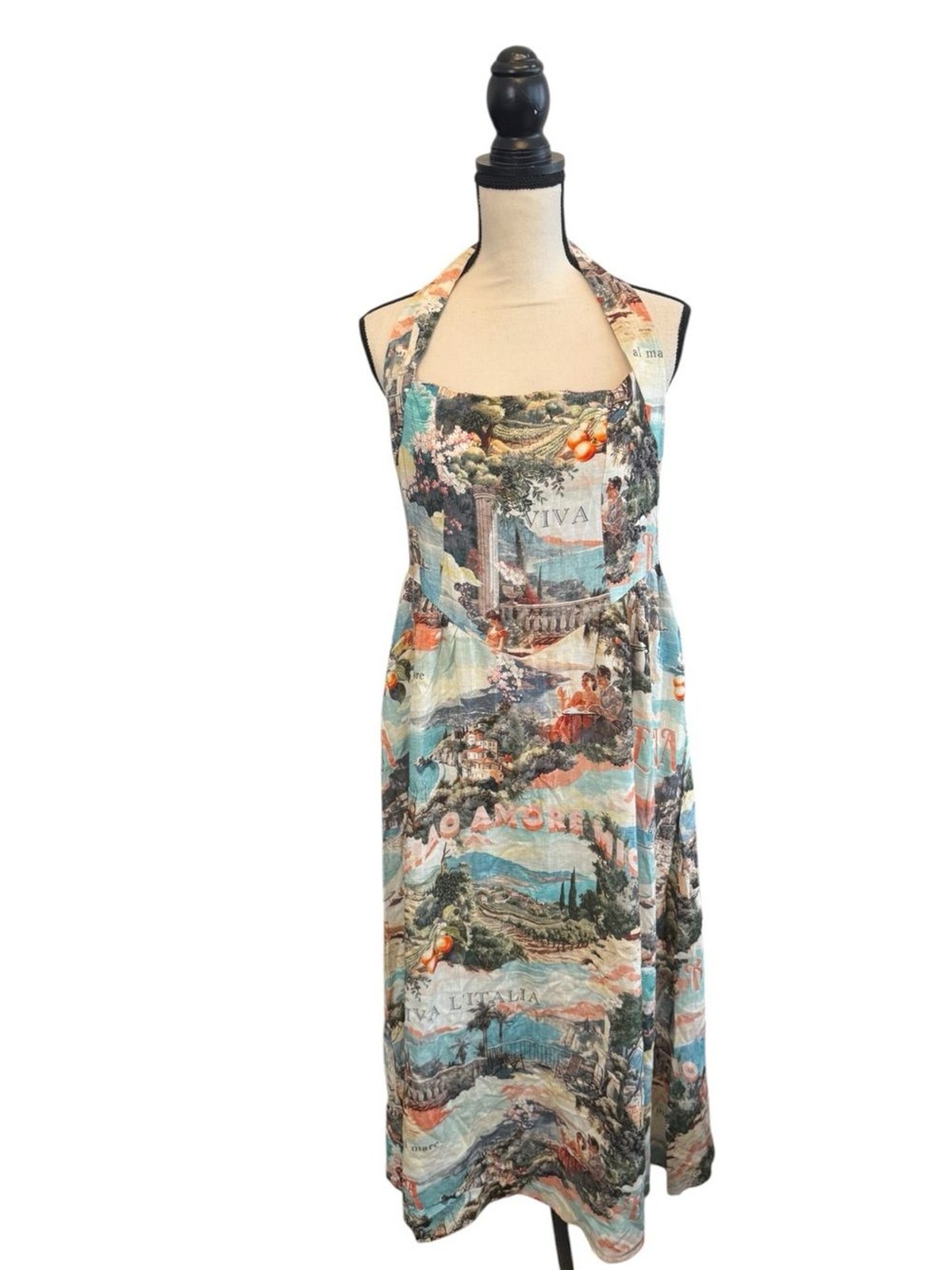 NWT White Closet Rayon Linen Blend Halter Maxi Blue Beige Summer Dress Women L