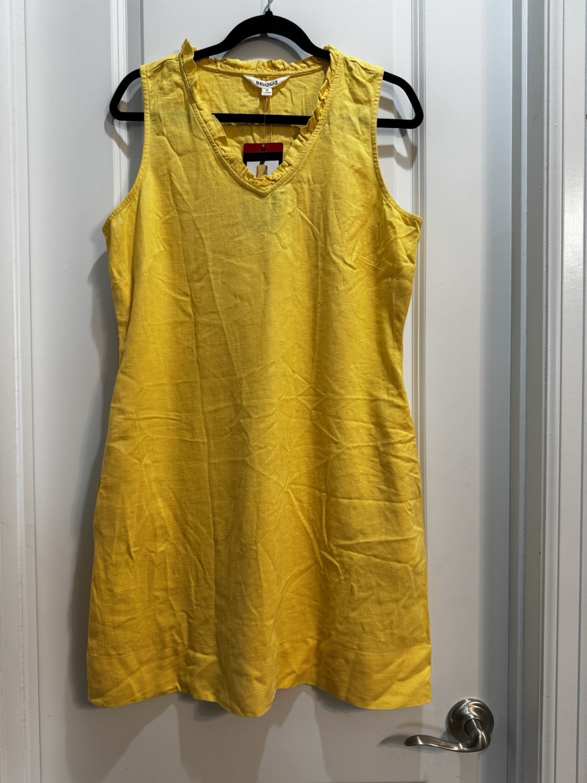 NWT Briggs Yellow Linen Blend V-neck Ruffled Sleeveless Dress Med Slide Pockets