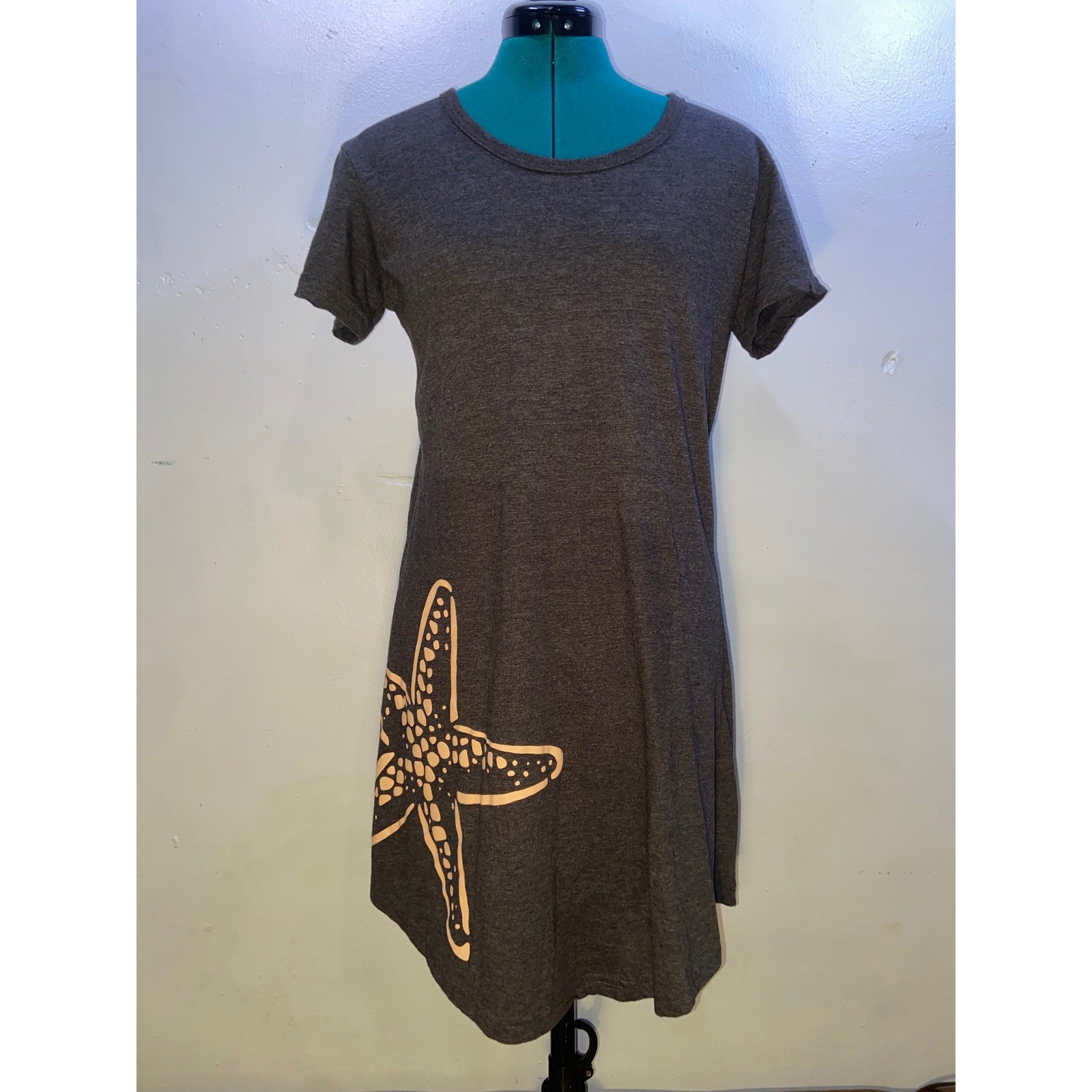 Starfish Graphic T-Shirt Dress Dark Gray Short Sleeve Coastal Minimalist Casual