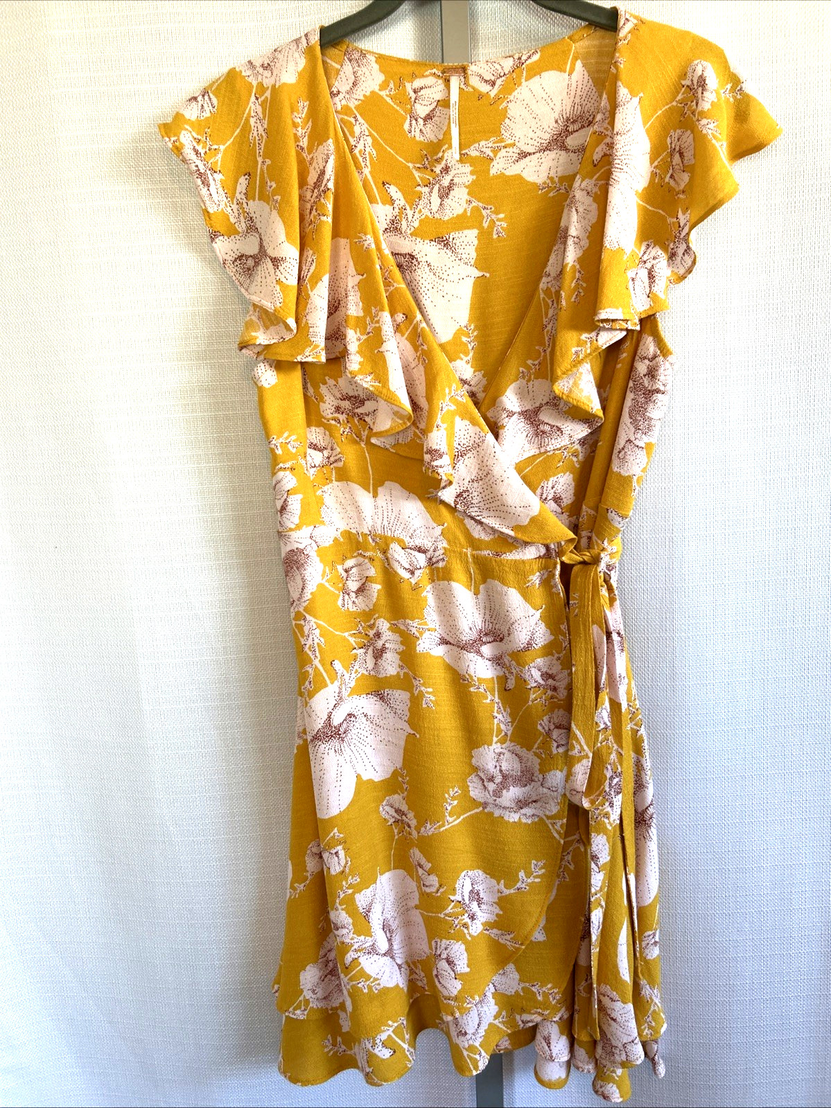 Free People Mini Wrap Dress Sz Small Yellow Flutter Sleeve Floral French Quarter