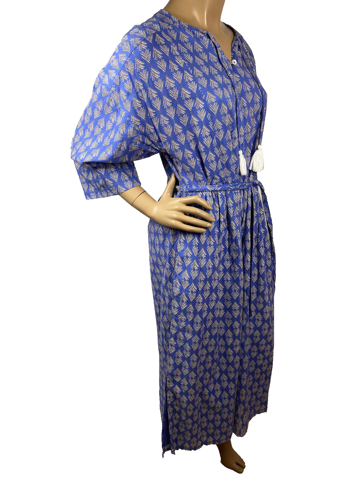 Graymarket Designs Hand Block Printed Dress Size S/M Blue Keyhole Neck Belted