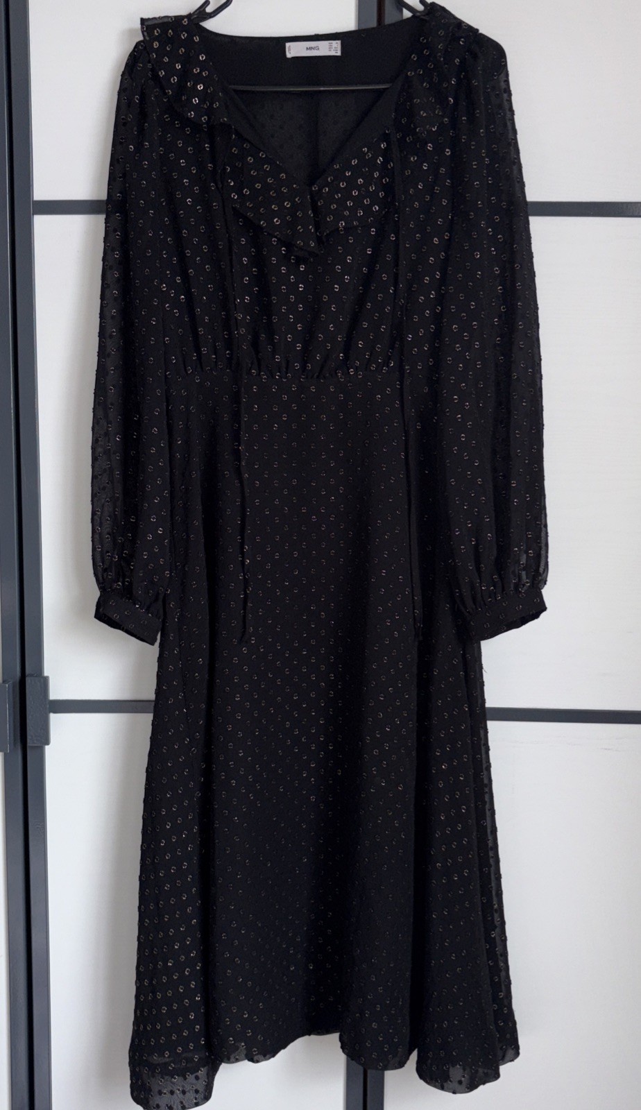 Mango MNG Black & Gold Slightly Sheer Long Sleeve Midi Midaxi Dress. Size XS / 6