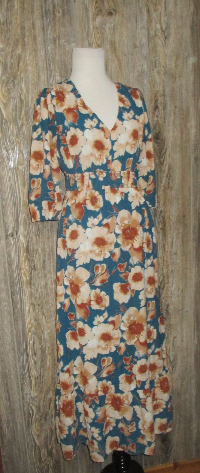 Luxology Floral Dress Teal Beige V-Neck cute Boho Cottage Core Western Sz Small
