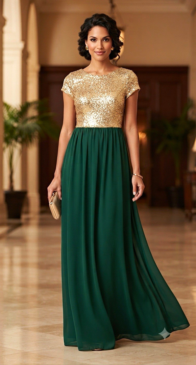Red Clover Gold Green Sequin Chiffon Maxi Dress Scoop Neck Short Sleeve Size S