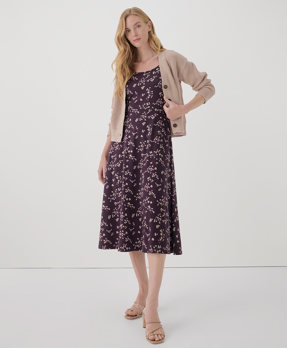 Pact Women’s Fit & Flare Midi Dress X-Small Regular Scattered Sprigs Plum