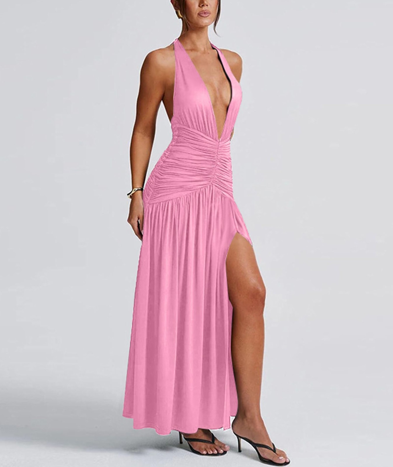 Ekaliy Womens Sexy Halter Deep V Neck Maxi Dress Sleeveless Pink Size S