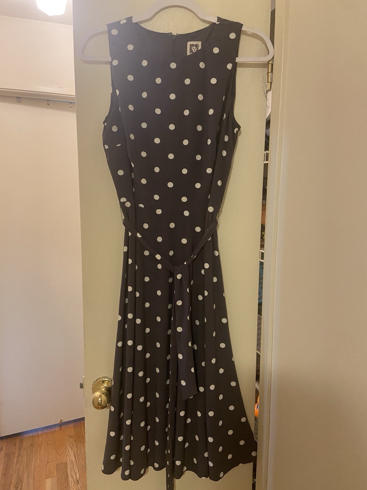 Anne Klein Gray/White Polka Dot A-Line Round Neck Sleeveless Midi Belted 8