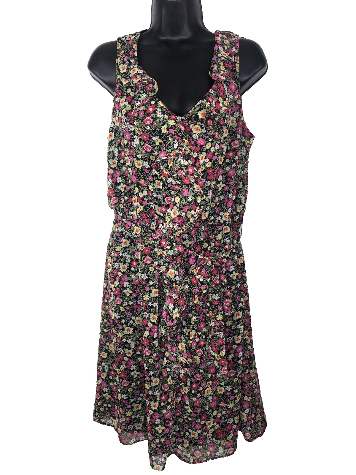 Nine West Womens Size 12 Sleeveless Floral Ruffle Front Belted Dress