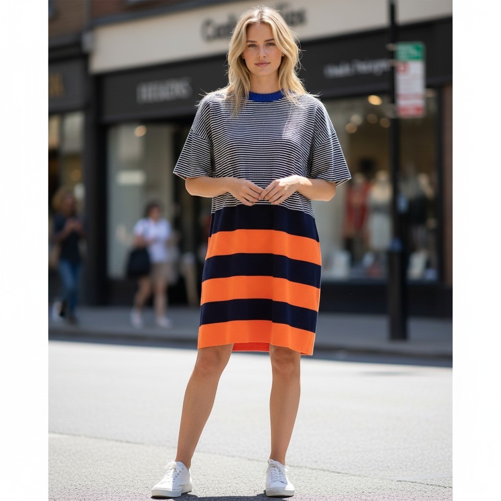 Cedric Charlier Virgin Wool Striped Knit Dress Blue Orange Black White Size 12