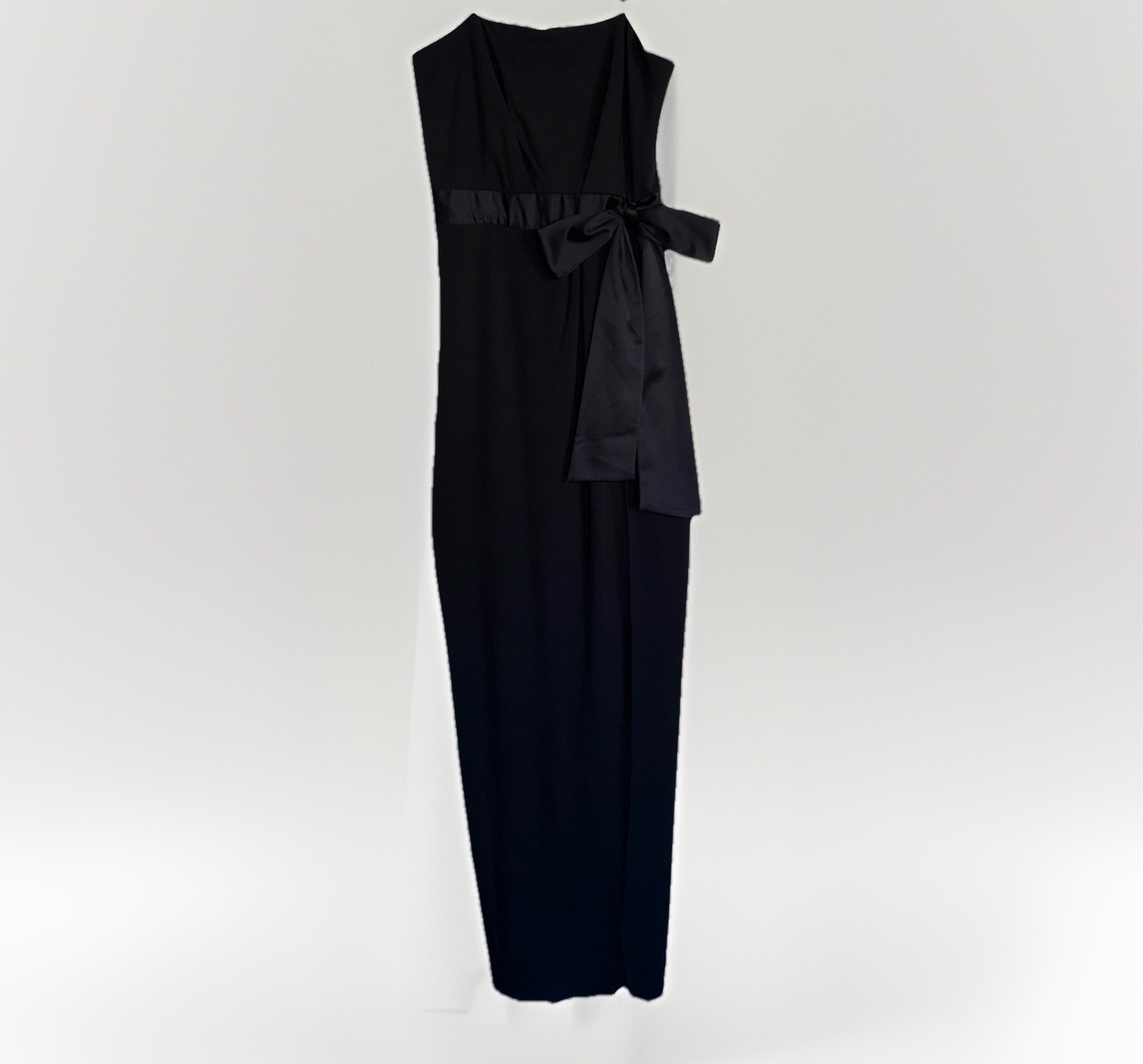H HALSTON Black Strapless Drape Satin Bow Trim Front Slit Stretch Knit Gown 2 XS