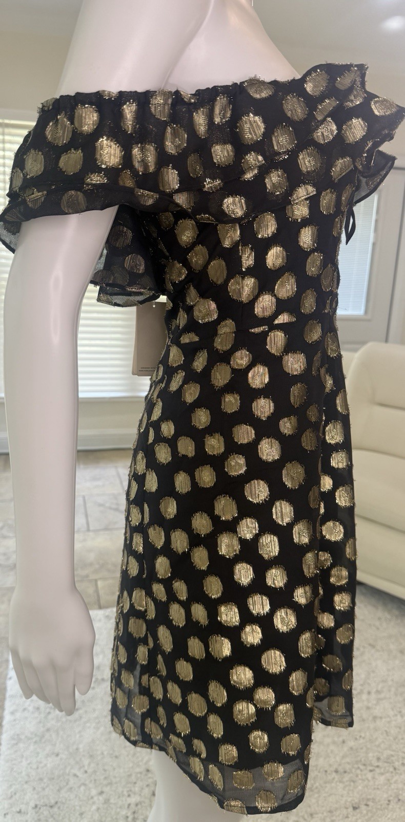 For Love & Lemons Lottie Ruffle Off the Shoulder Mini Dress in Gold Dot Size S