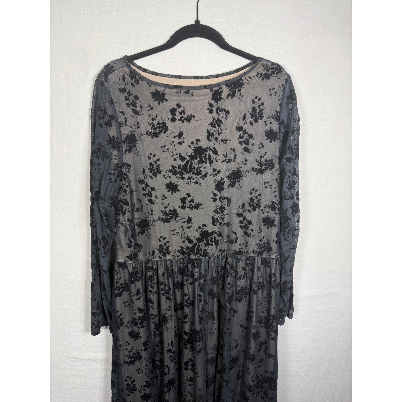 SHEIN Black Velvet Floral Mesh Long Sleeve Maxi Dress Tan Lining 3XL Plus Size