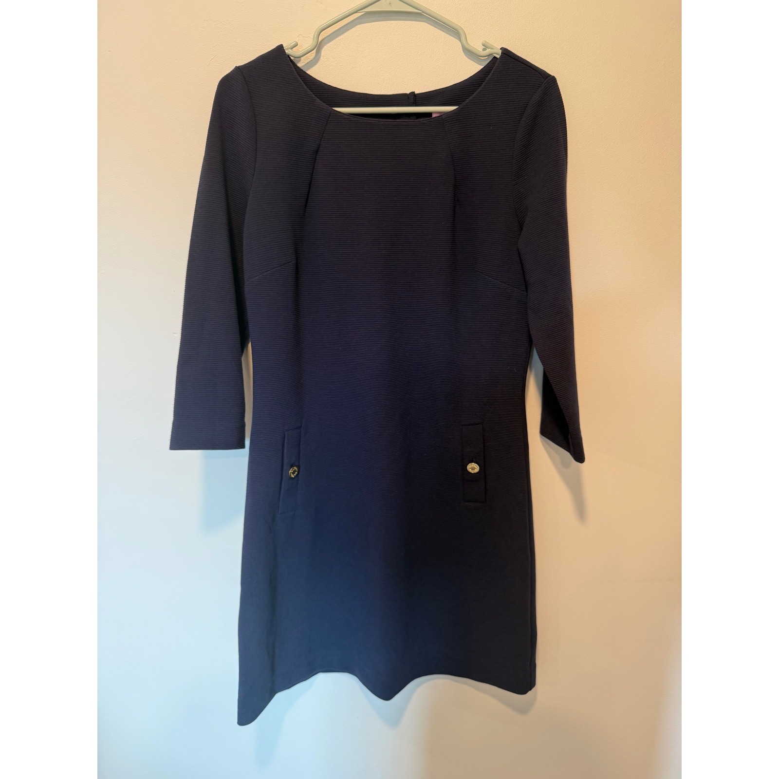 Lilly Pulitzer Navy Blue Textured Knit 3/4 Sleeve Shift Dress 68919 Womens M