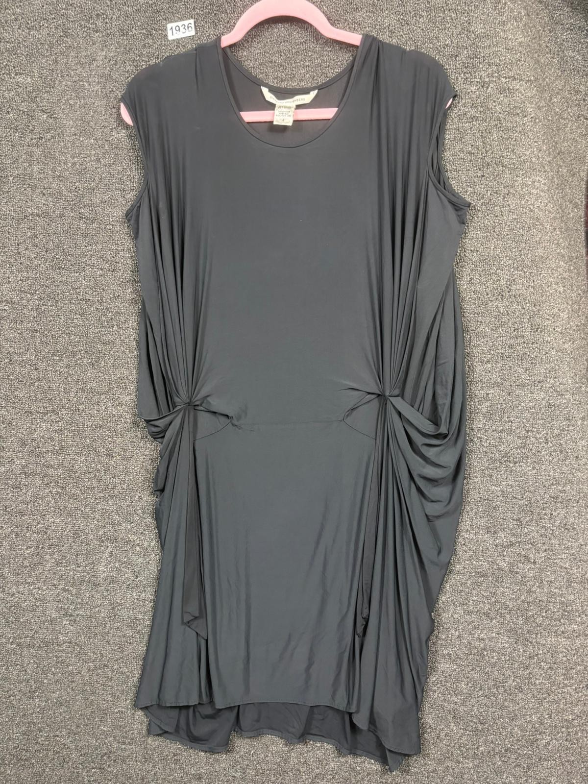 Diane Von Furstenberg Shift Midi Dress Womens Size 4 Black Ruffle Sleeveless