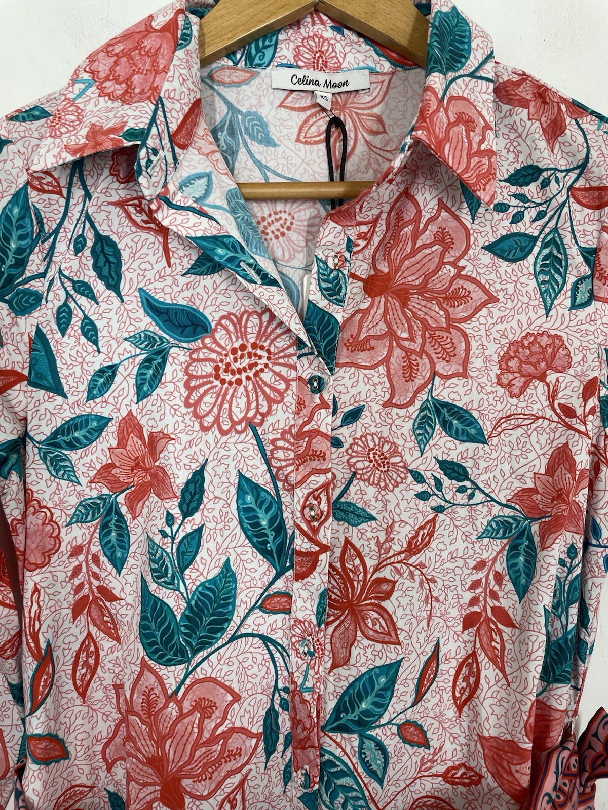 Celina Moon Womens BUtton Front Shirt Midi Dress Floral Red Green Size XS NWT