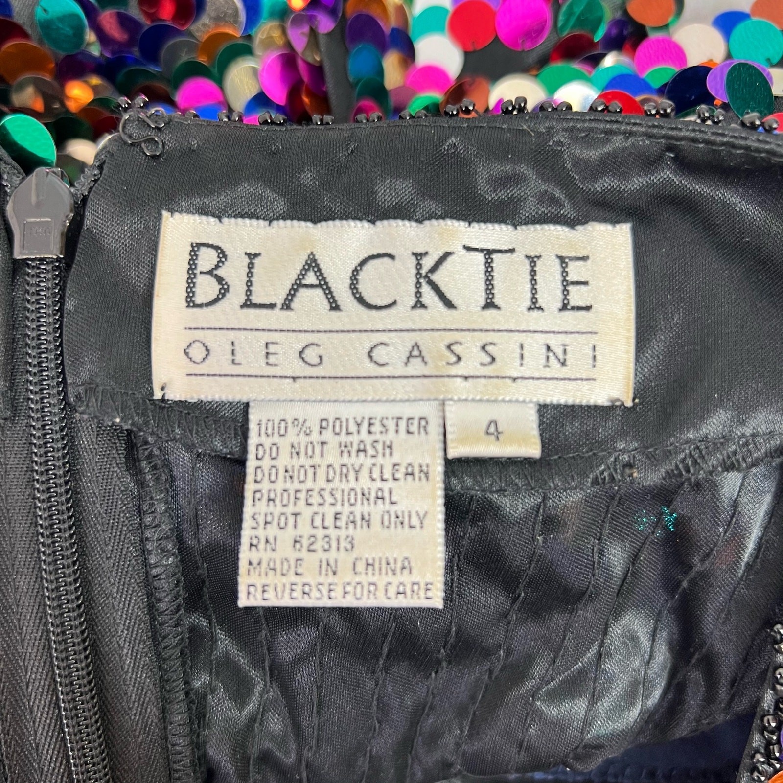 Oleg Cassini Black Tie Vintage Sequin Dress Size 4 Rainbow Long Sleeve Party