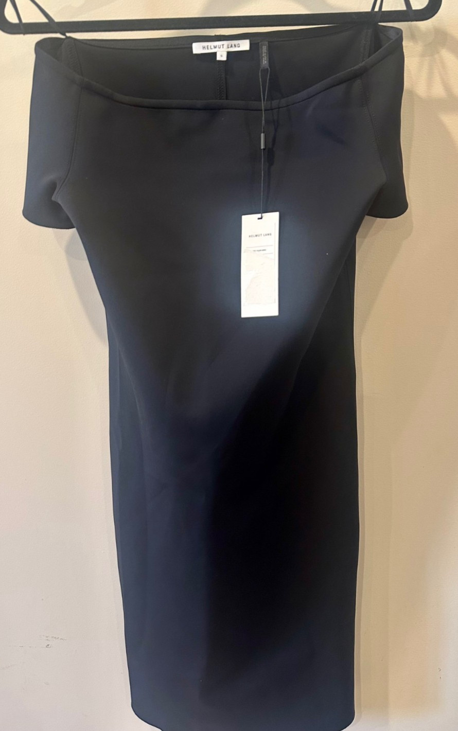 Helmut Lang Scuba Neoprene Off-The-Shoulder NWT Black Sheath Dress Sz S $395