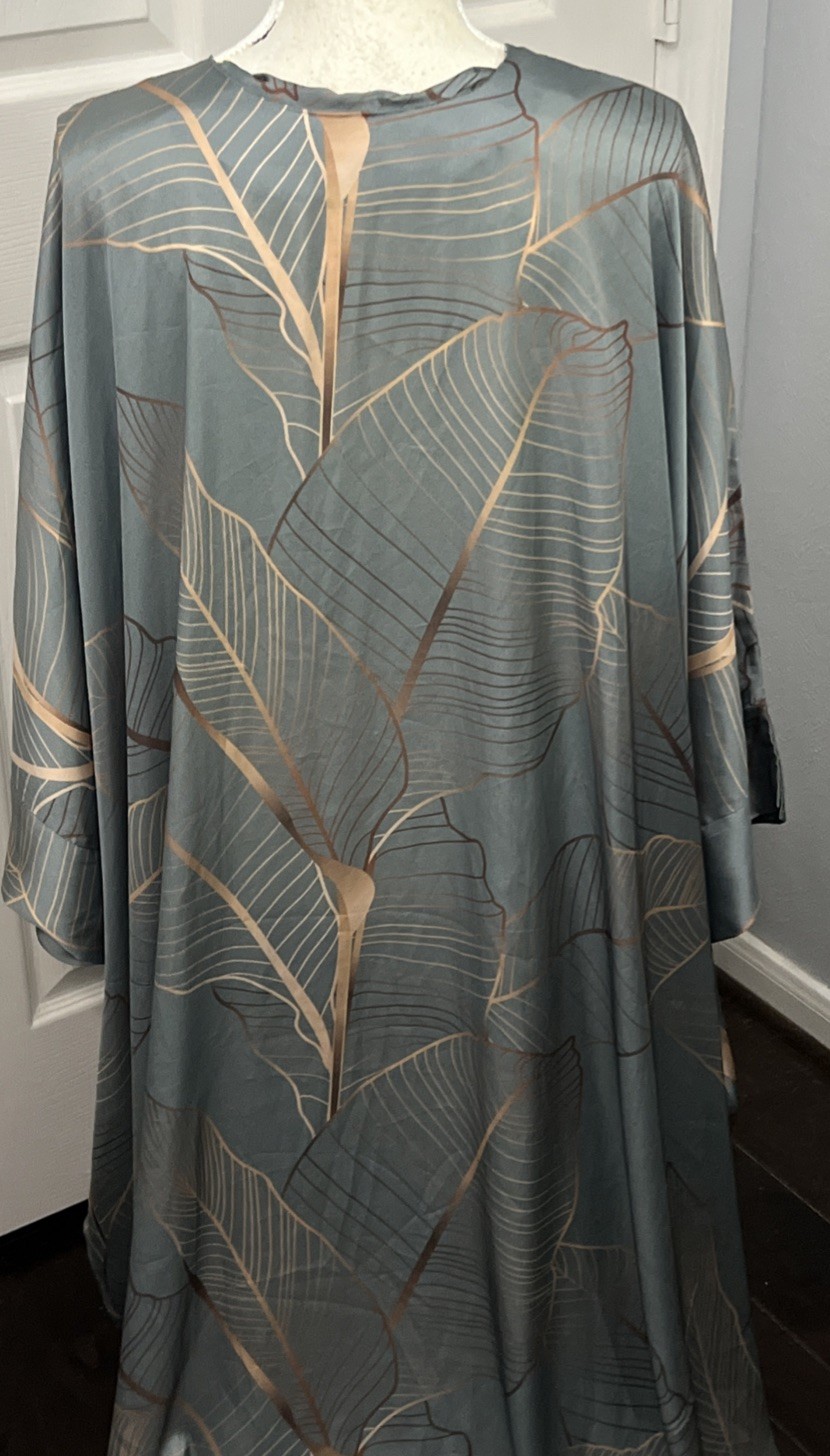 Sheikha, Egypt, Delicate Flowing Sage Green With Gold Leaf Pattern Long Gown