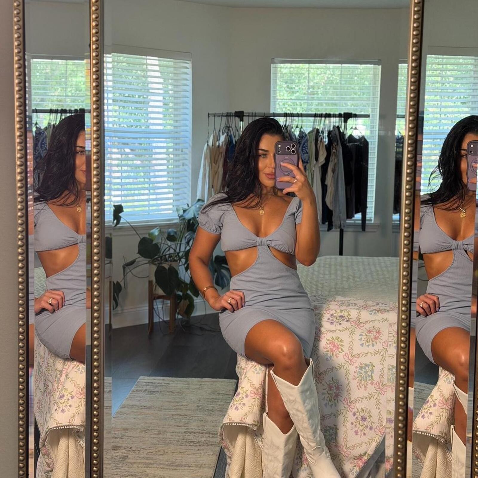 dusty blue bodycon dress with cut out