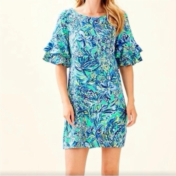 Lilly Pulitzer Shift Dress S Blue Green Tropical Floral Ruffle Bell Sleeve