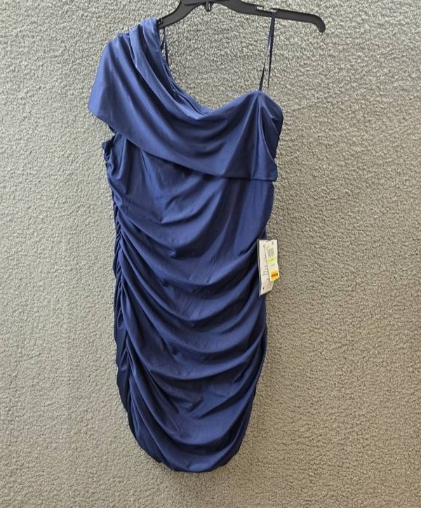 B. Darlin Plus Size Ruched One-Shoulder Dress 18W Navy Solid Back Zip Closure