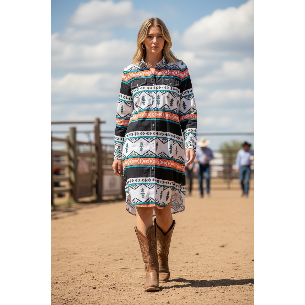 Wrangler Retro Southwestern Snap Front Western Shirt Dress Orange Teal L