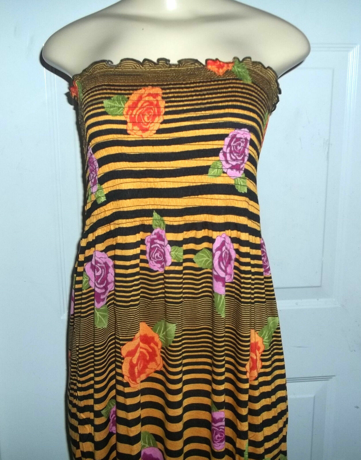 -GOLD BLACK STRIPE FLORAL LONG MAXI DRESS STRAPLESS ELASTIC TOP MEDIUM