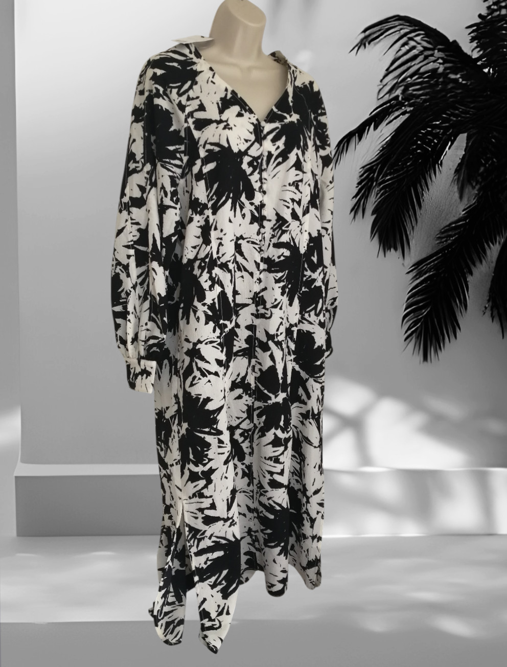 Next Size 12 Trapeze Monochrome Long Dress Side Vents V Neck Black White RRP £38