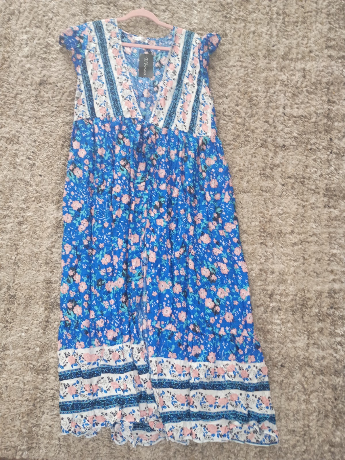 R. Vivimos Blue Pink White Floral V-Neck Smocked Ruffle Sleeve Maxi Dress 16/18