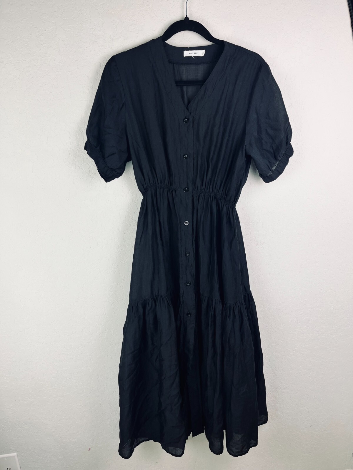 MOD REF S Black Button Front Midi Dress Puff Sleeve Tiered Lightweight Cottage